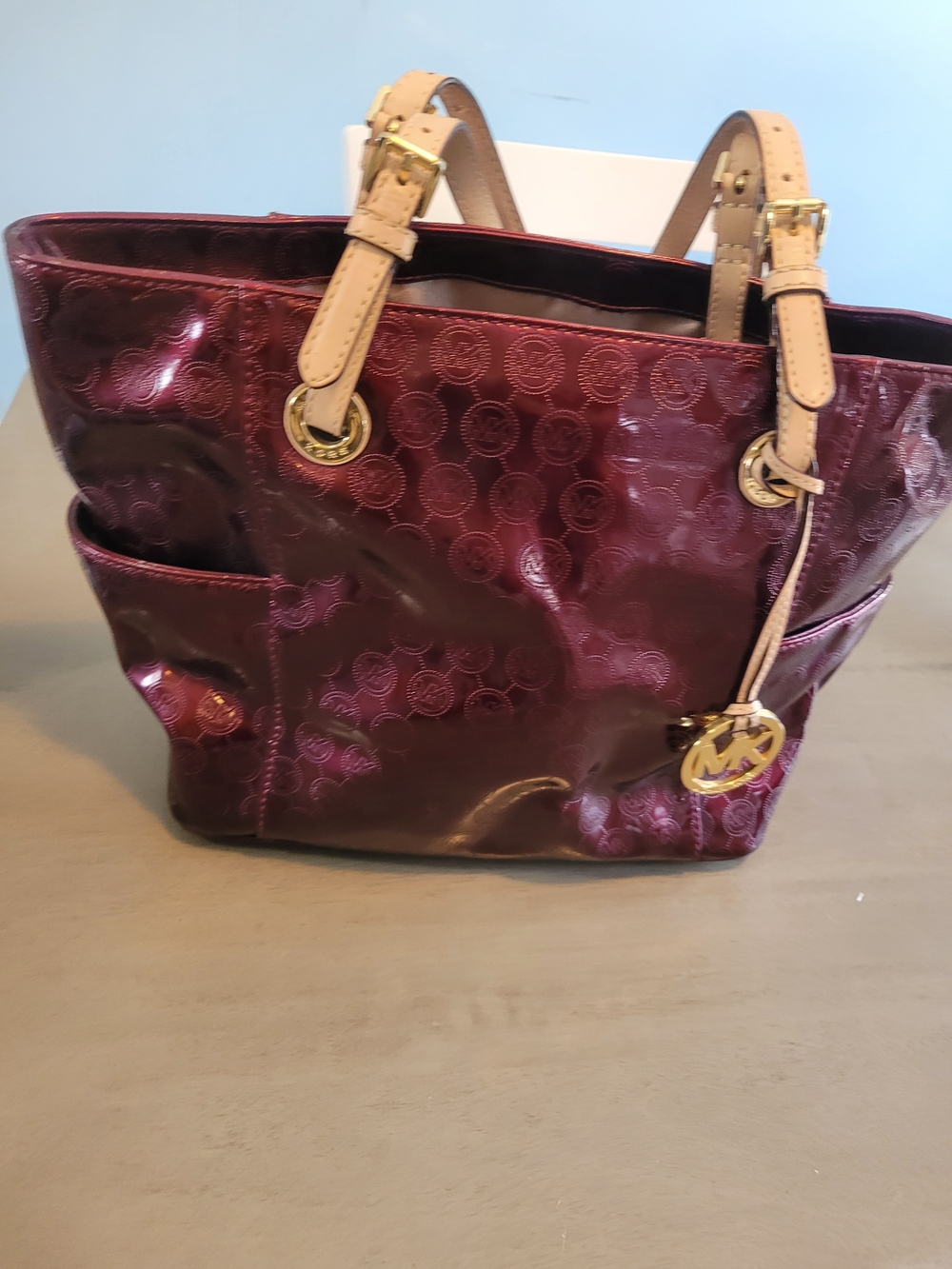 Michael Kors Plum Patent Tote with Natural Leather Straps